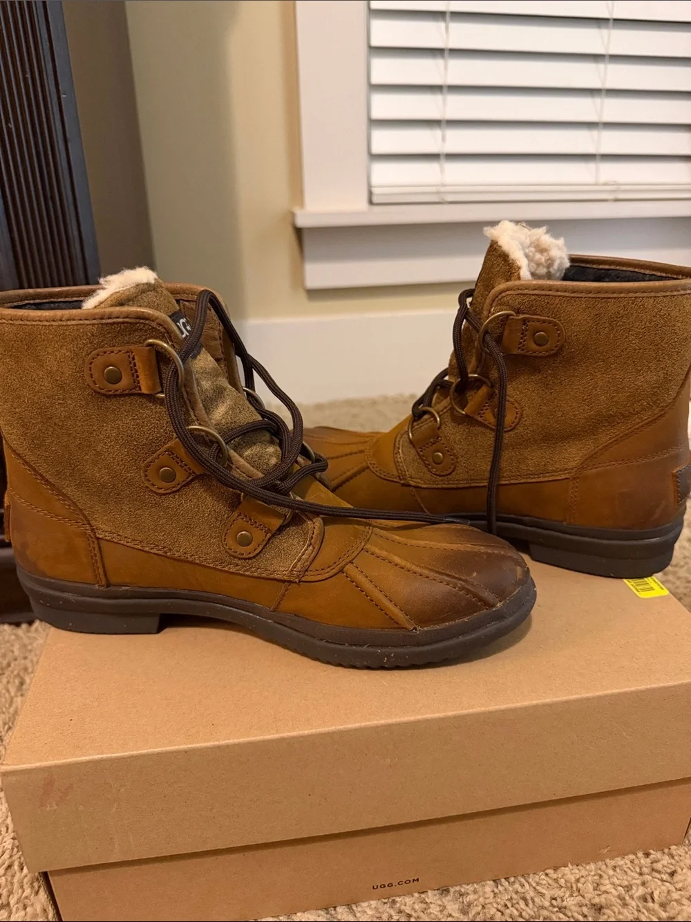 UGG women’s Chestnut Brown Leather & Suede Lace-Up Shearling Boots